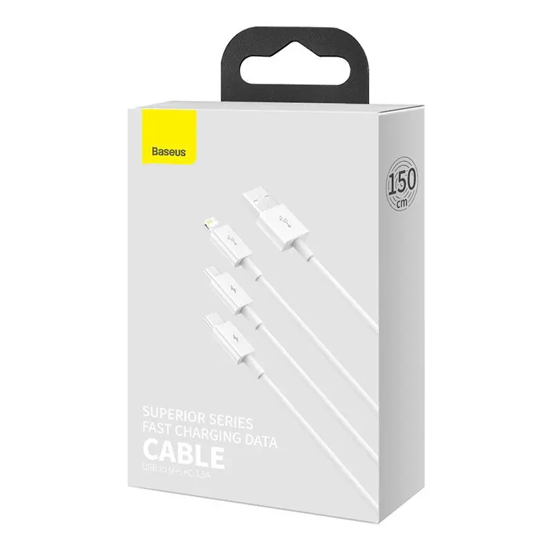 Kabel Baseus Quick Charge USB to M+L+C Superior Data 3,5A 0,5m Biały