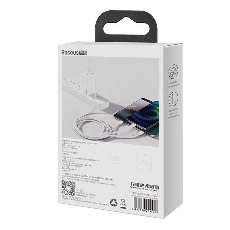 Kabel Baseus Quick Charge USB to M+L+C Superior Data 3,5A 0,5m Biały