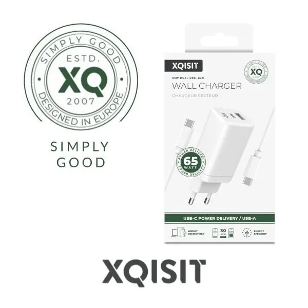 Ładowarka sieciowa Xqisit dual USB C - A - 65W Power Delivery GaN + kabel 2m