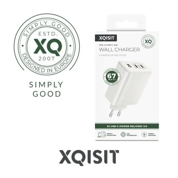 Ładowarka sieciowa Xqisit dual USB C - 67W Power Delivery 3.0 GaN Biały