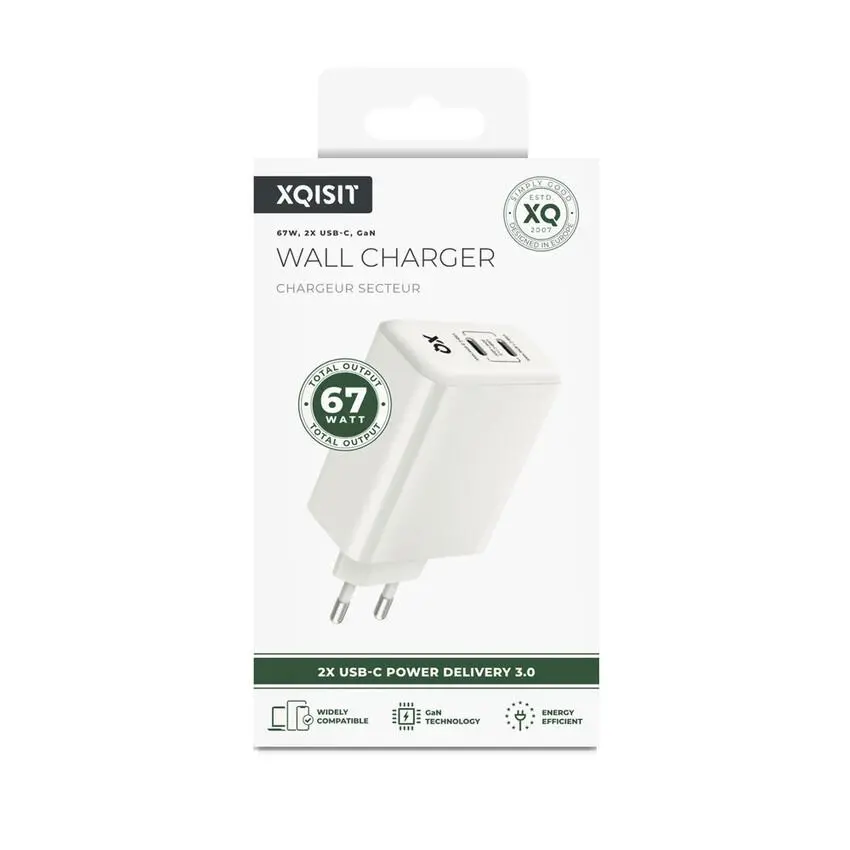 Ładowarka sieciowa Xqisit dual USB C - 67W Power Delivery 3.0 GaN Biały