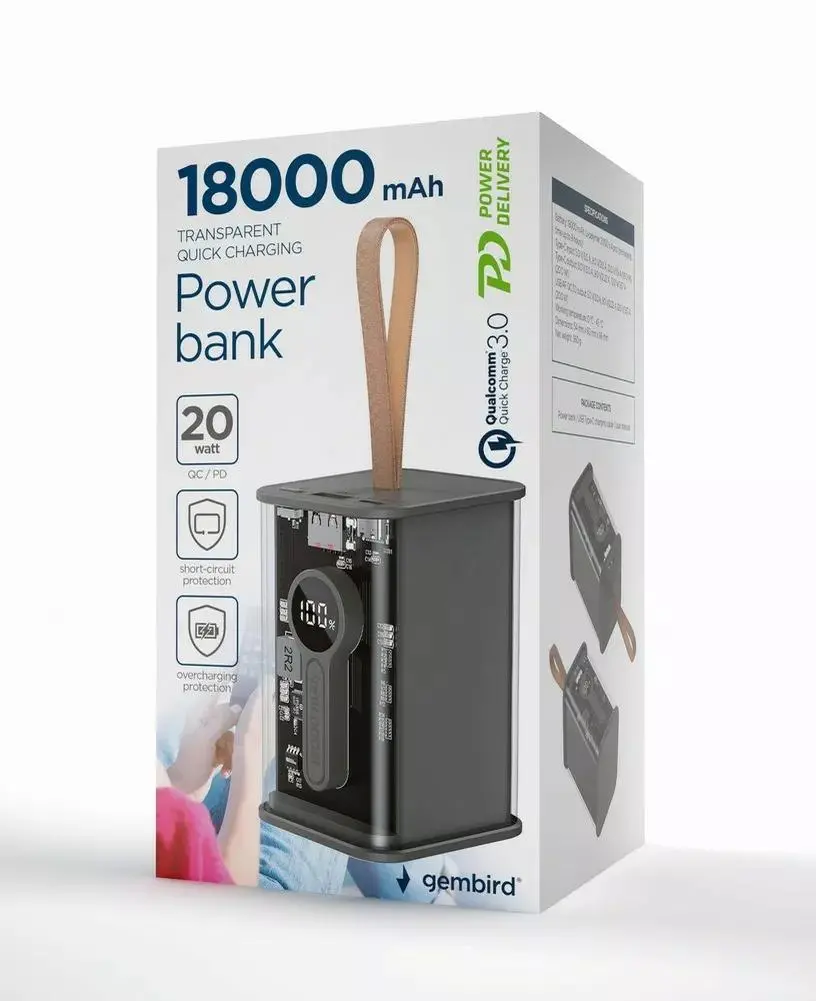 Powerbank Gembird PB18-TQC3-01 Transparentny 18000mAh QC3.0 20W Czarny