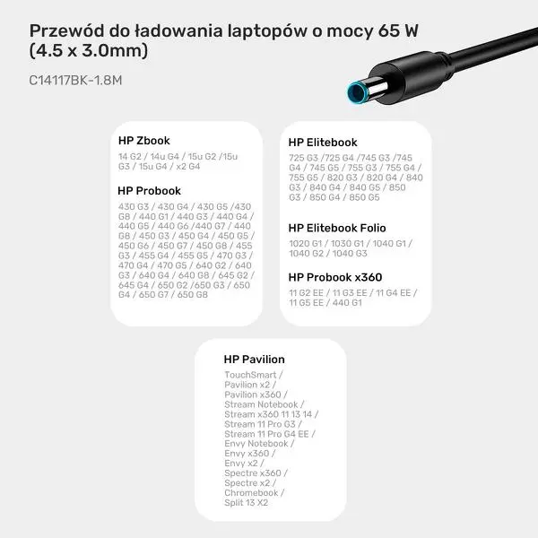 Kabel zasilający Unitek C14117BK do laptopa HP 65W USB-C - DC 4,5 mm 1,8m Czarny