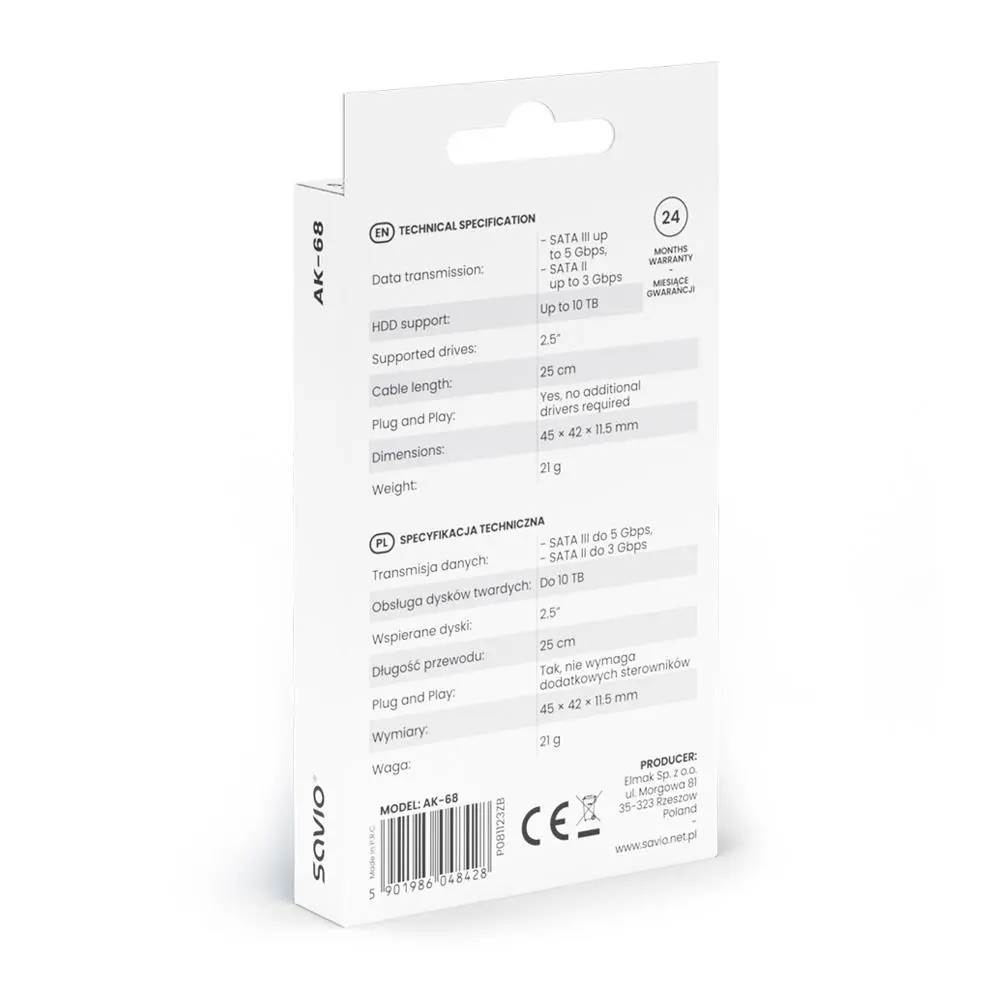 Adapter Savio AK-68 USB-A do SATA 2.5" Czarny