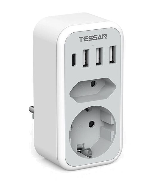 Gniazdo sieciowe Tessan TS-328-DE 2 gniazda 3x USB-A USB-C Biało-szary