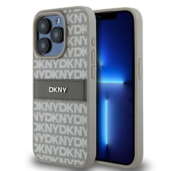 Etui DKNY Hardcase Leather Mono Stripe & Metal Logo do iPhone 15 Pro Beżowy