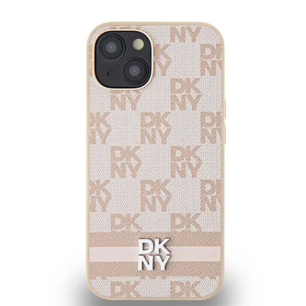 Etui DKNY Leather Checkered Mono Pattern & Printed Stripes do iPhone 15 Różowy