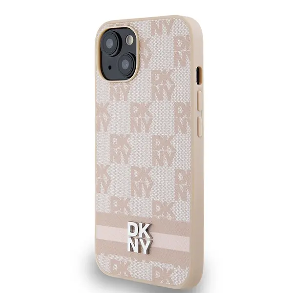 Etui DKNY Leather Checkered Mono Pattern & Printed Stripes do iPhone 15 Różowy