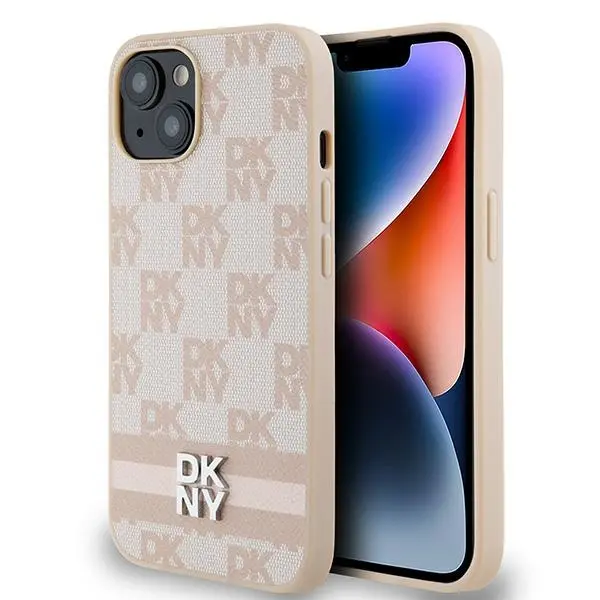 Etui DKNY Leather Checkered Mono Pattern & Printed Stripes do iPhone 15 Różowy