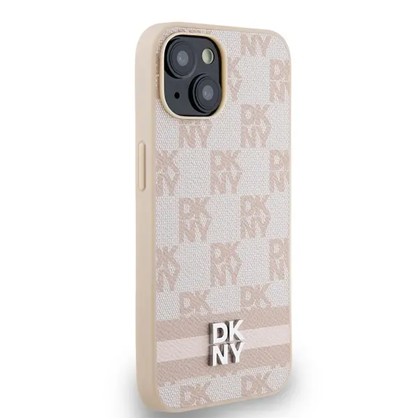 Etui DKNY Leather Checkered Mono Pattern & Printed Stripes do iPhone 15 Różowy