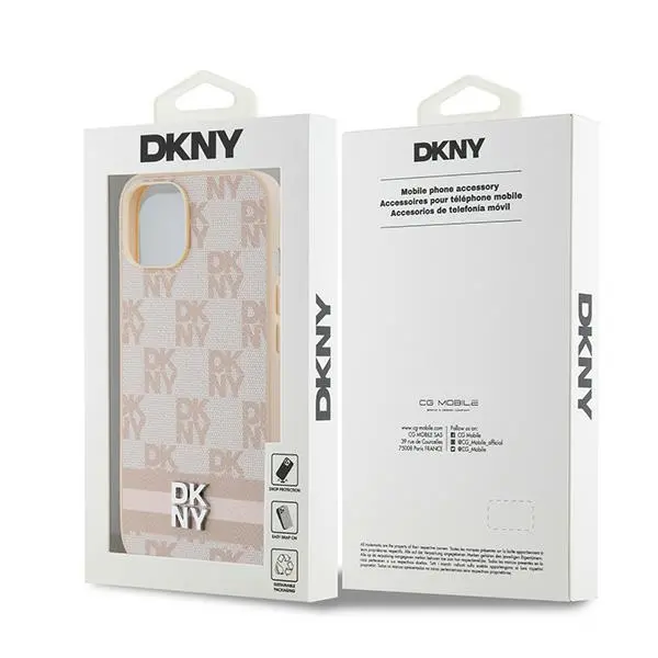 Etui DKNY Leather Checkered Mono Pattern & Printed Stripes do iPhone 15 Różowy
