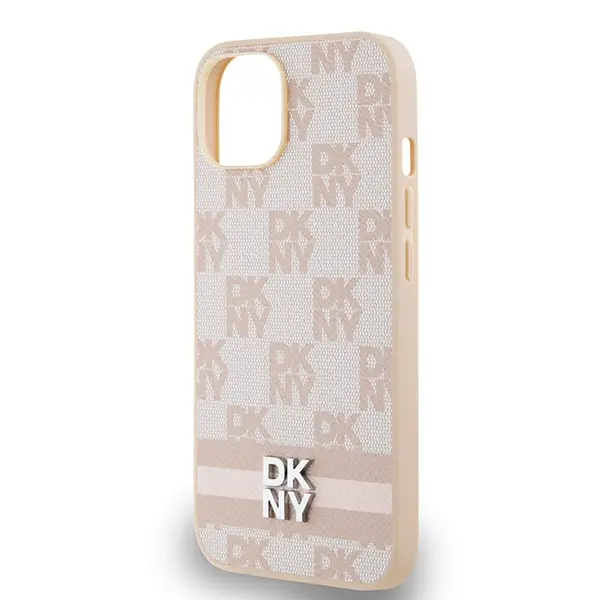 Etui DKNY Leather Checkered Mono Pattern & Printed Stripes do iPhone 15 Różowy