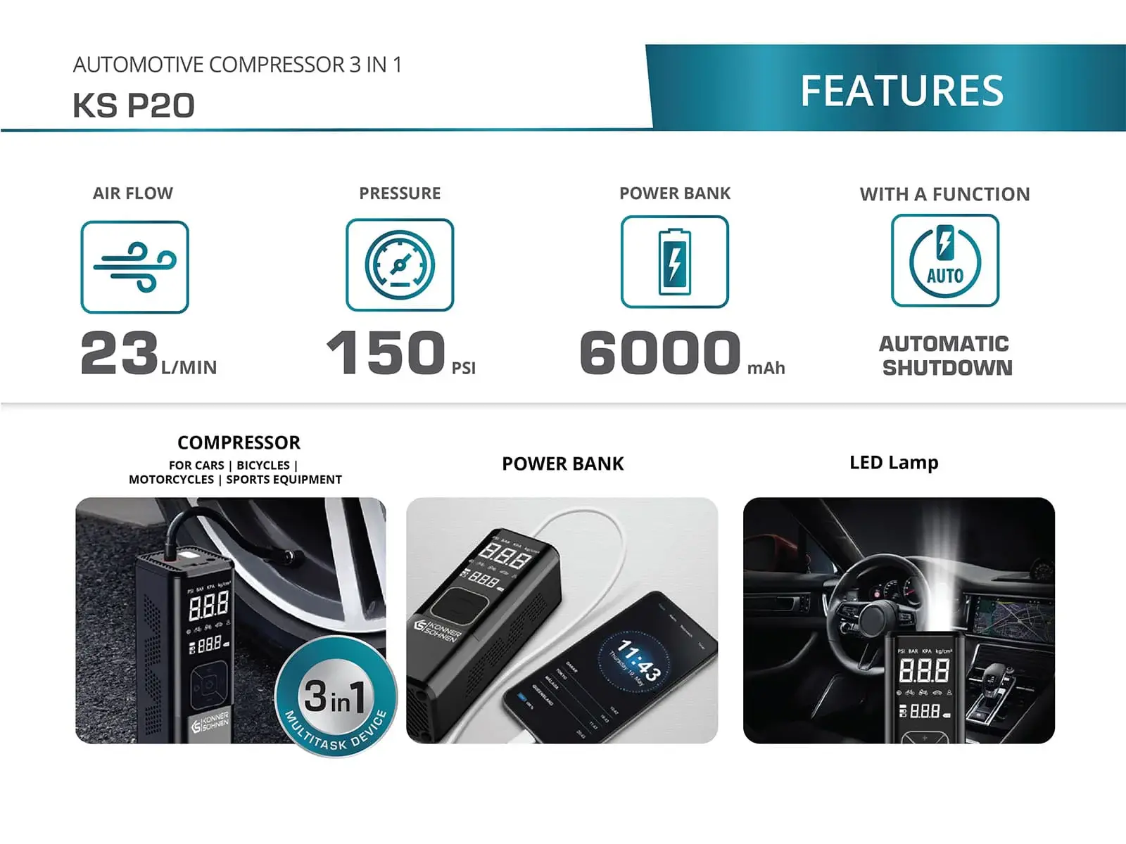Powerbank Konner & Sohnen KS P20 Kompresor 6000mAh 10W Czarny