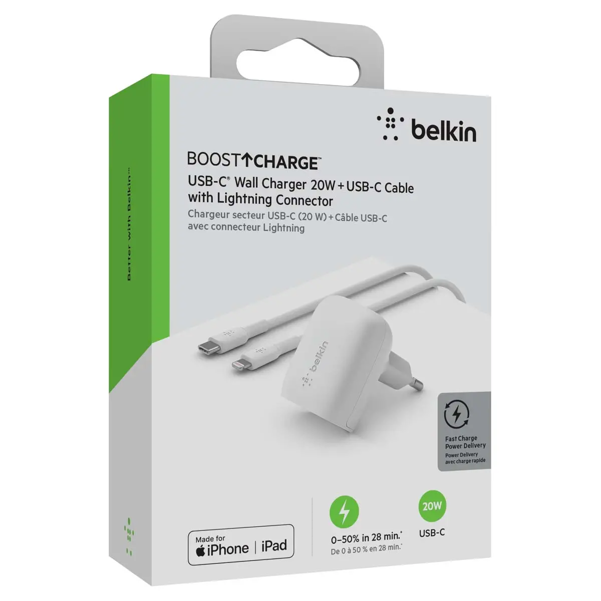 Ładowarka sieciowa Belkin kątowa USB-C PD 20W + kabel lighting