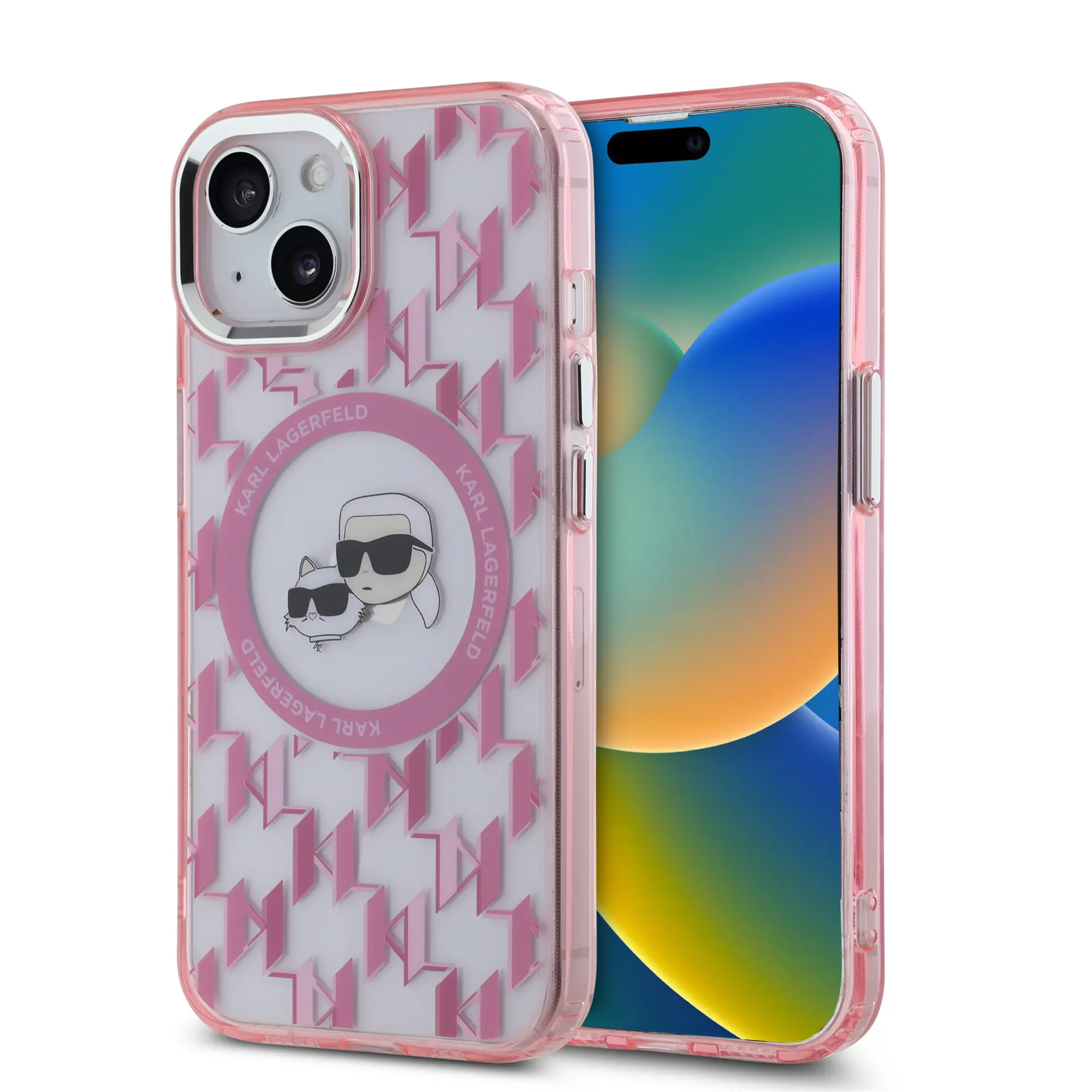 Etui Karl Lagerfeld IML Monogram Karl&Choupette Head MagSafe do iPhone 15 Różowy