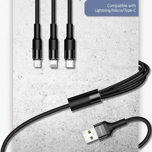 Kabel USAMS 3w1 2A lightning/microUSB/USB-C 1,5m Czarny