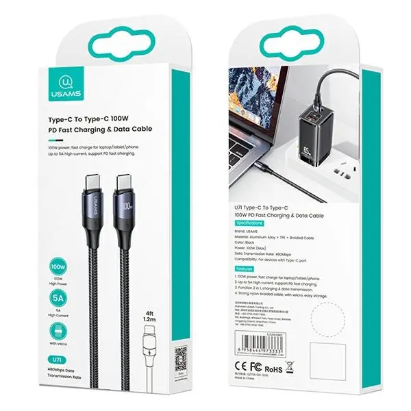 Kabel USAMS USB-C do USB-C 100W PD Fast Charge 3m Czarny