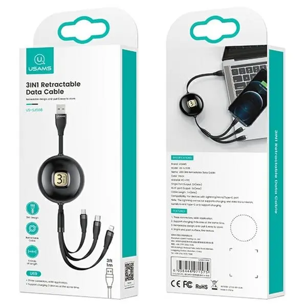 Kabel USAMS 3w1 USB do lightning/microUSB/USB-C 1m Niebieski