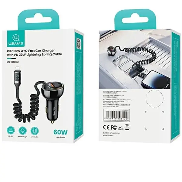 Ładowarka samochodowa USAMS 1xUSB+1xUSB-C 60W + kabel Ligtning 30W PD+QC Fast Charge Czarny