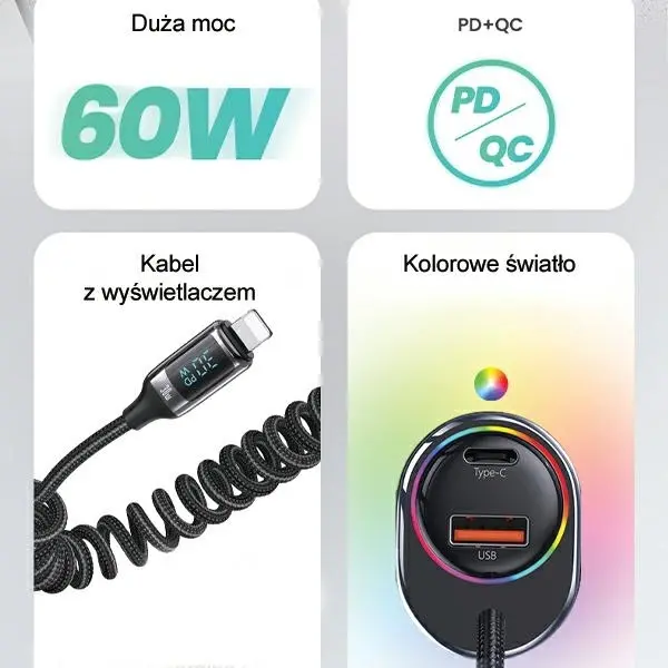 Ładowarka samochodowa USAMS 1xUSB+1xUSB-C 60W + kabel Ligtning 30W PD+QC Fast Charge Czarny