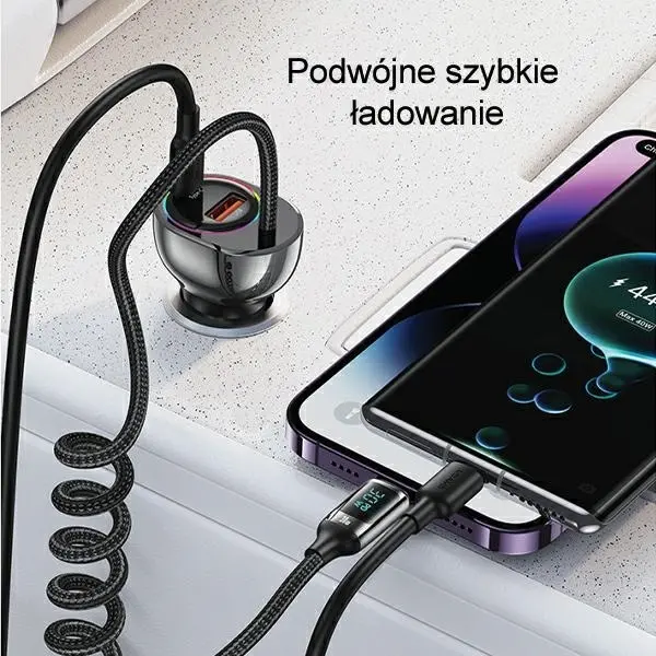Ładowarka samochodowa USAMS 1xUSB+1xUSB-C 60W + kabel Ligtning 30W PD+QC Fast Charge Czarny