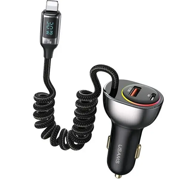 Ładowarka samochodowa USAMS 1xUSB+1xUSB-C 60W + kabel Ligtning 30W PD+QC Fast Charge Czarny