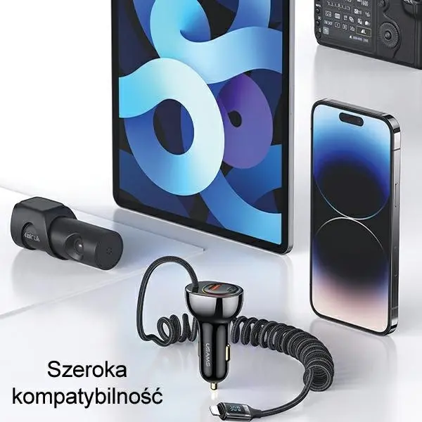 Ładowarka samochodowa USAMS 1xUSB+1xUSB-C 60W + kabel Ligtning 30W PD+QC Fast Charge Czarny