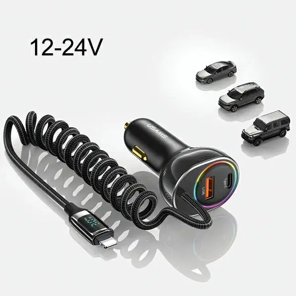 Ładowarka samochodowa USAMS 1xUSB+1xUSB-C 60W + kabel Ligtning 30W PD+QC Fast Charge Czarny