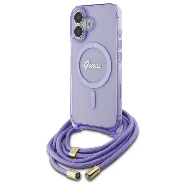 Etui Guess Crossbody Cord Script MagSafe do iPhone 16 Fioletowy
