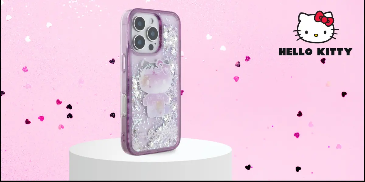 Etui Hello Kitty Liquid Glitter 50TH Anniversary Party do iPhone 16 Pro Max Fioletowy