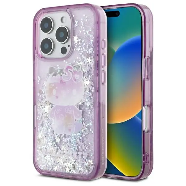 Etui Hello Kitty Liquid Glitter 50TH Anniversary Party do iPhone 16 Pro Max Fioletowy