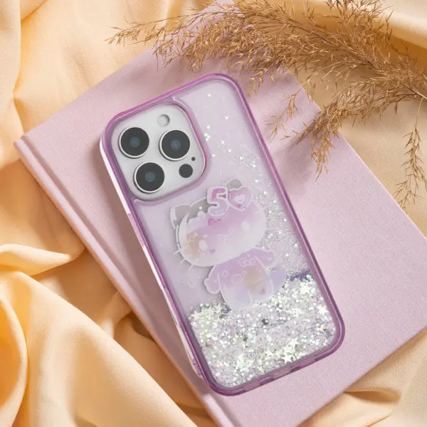 Etui Hello Kitty Liquid Glitter 50TH Anniversary Party do iPhone 16 Pro Max Fioletowy