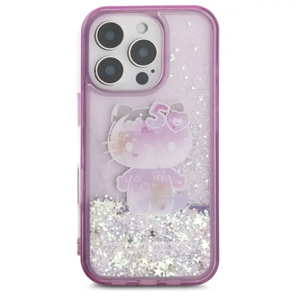 Etui Hello Kitty Liquid Glitter 50TH Anniversary Party do iPhone 16 Pro Max Fioletowy