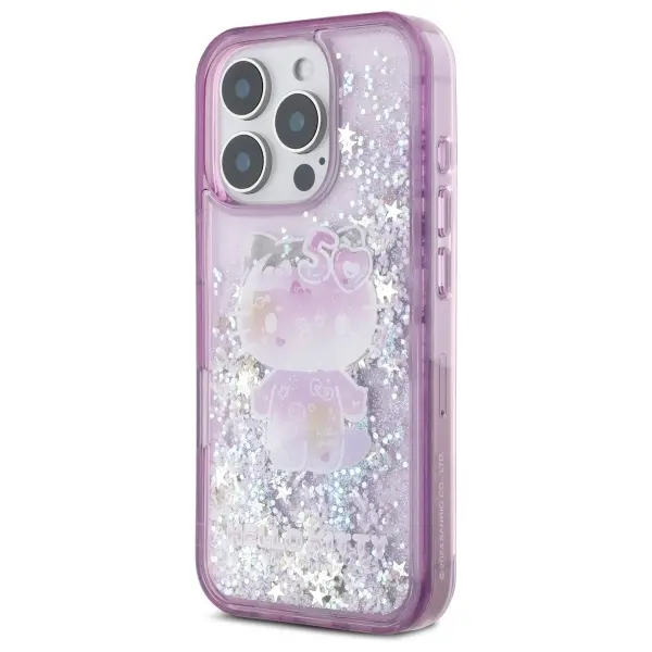Etui Hello Kitty Liquid Glitter 50TH Anniversary Party do iPhone 16 Pro Max Fioletowy