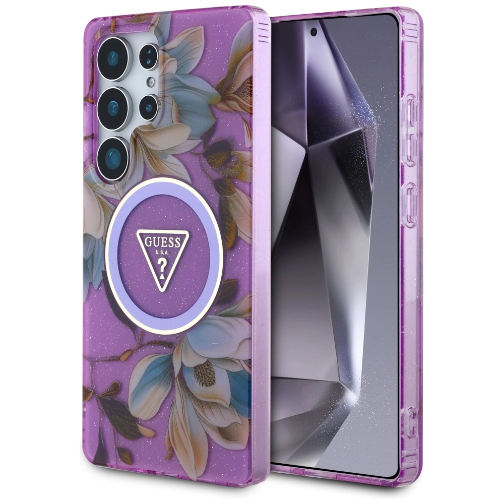 Guess Glitter Flowers Triangle Buttons MagSafe do Galaxy S25 Ultra Fioletowy