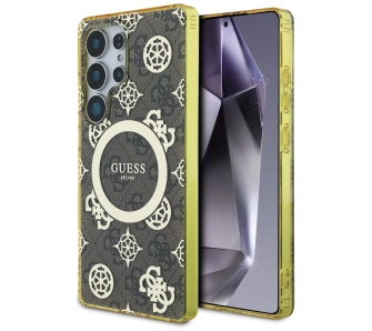 Etui Guess 4G Background Gold Electroplated Peony Pattern MagSafe do Galaxy S25 Ultra Brązowy