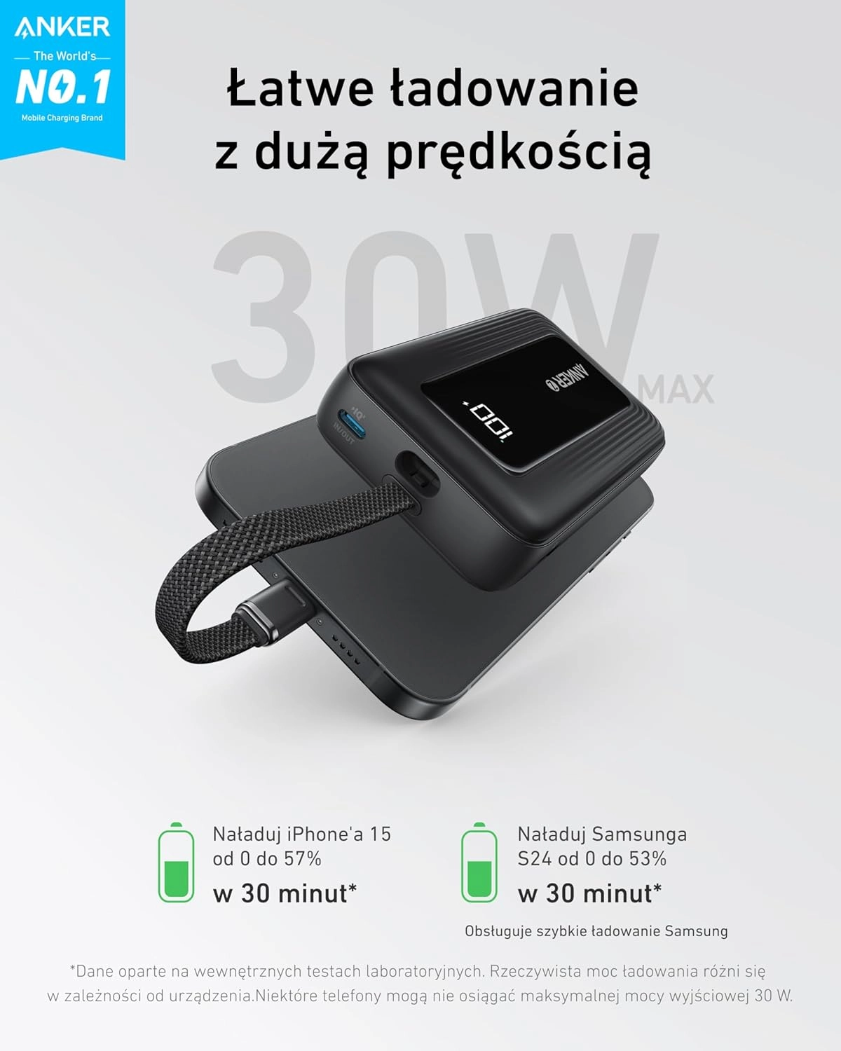 Powerbank Anker Zolo (A1688H11) 10000mAh 30W wbudowany kabel USB-C Czarny