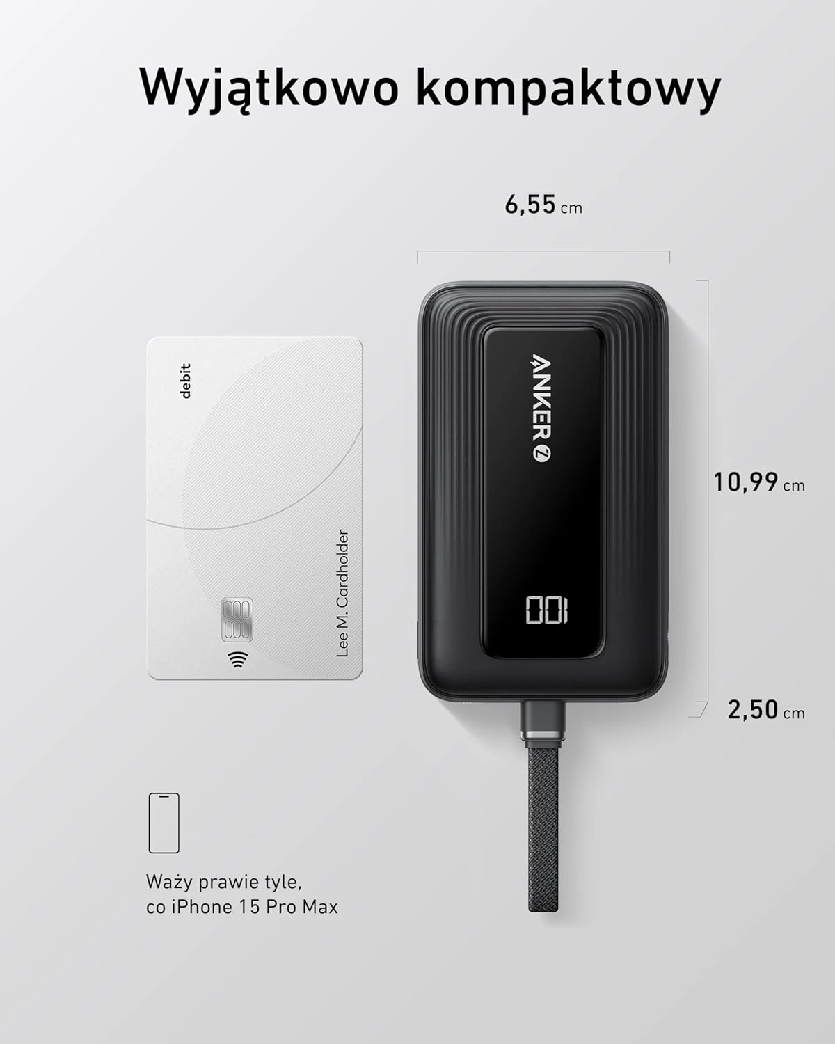 Powerbank Anker Zolo (A1688H11) 10000mAh 30W wbudowany kabel USB-C Czarny