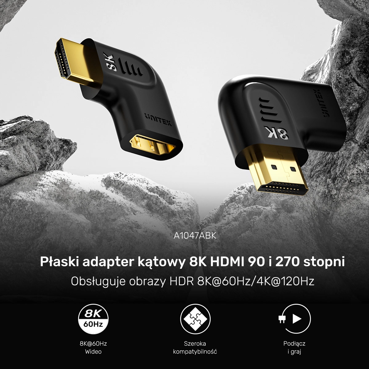 Adapter Unitek A1047ABK03 Kątowy Płaski 8K HDMI 90 i 270 stopni