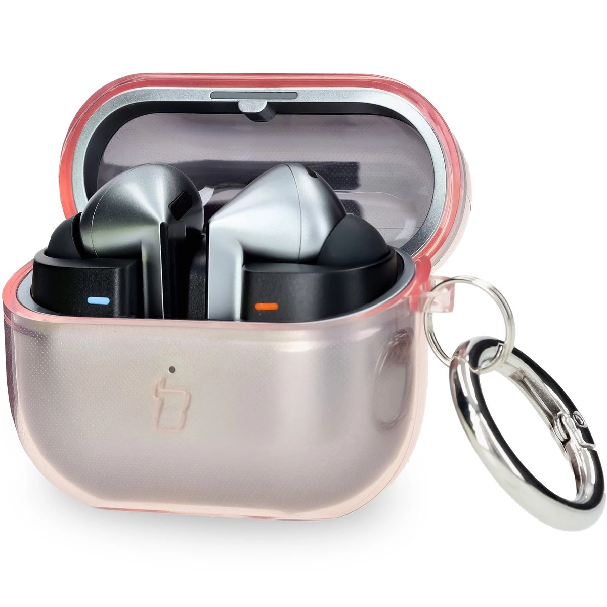 Etui na słuchawki Bizon Elastyczne z karabińczykiem do Samsung Galaxy Buds 3/3 Pro Przezroczysto-różowy