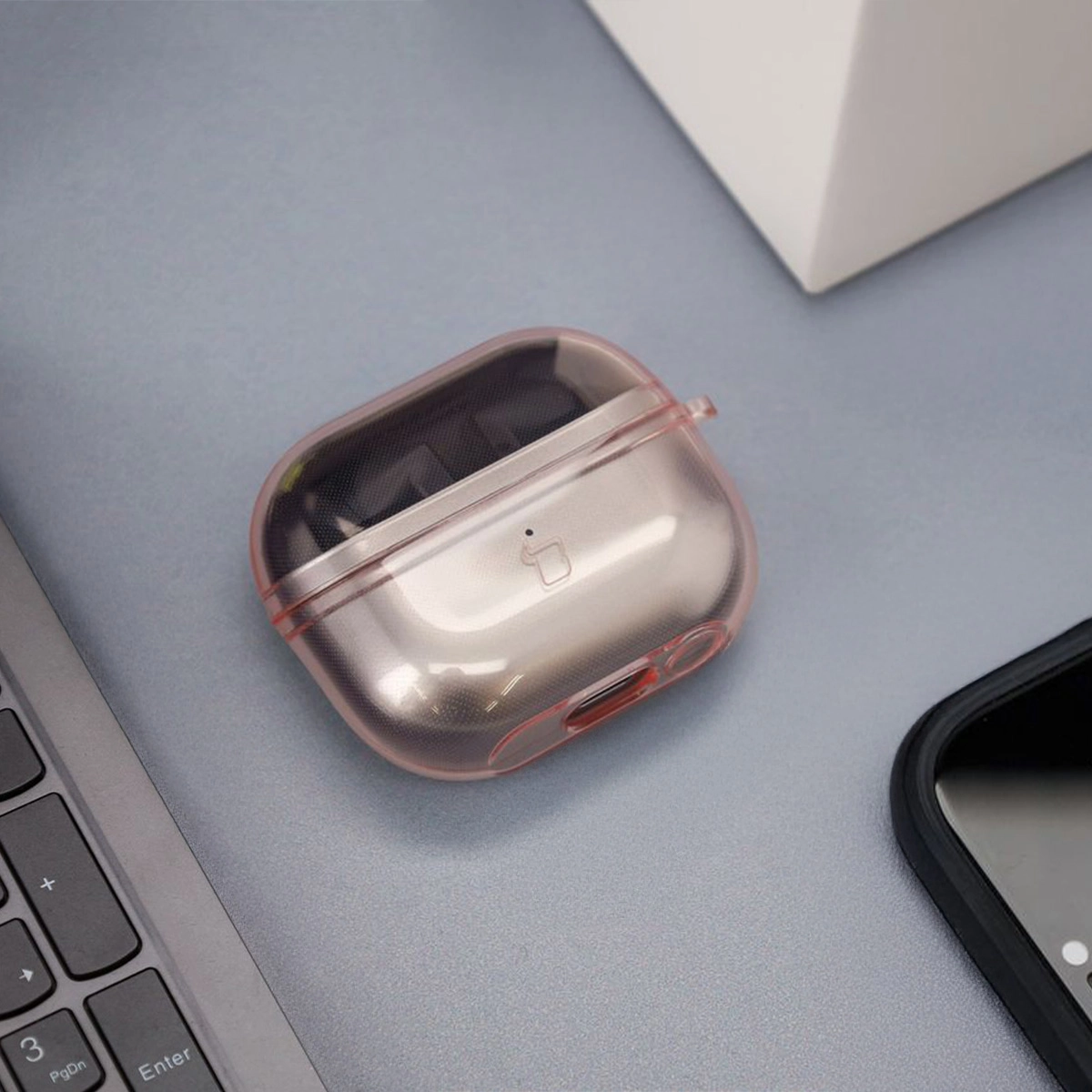 Etui na słuchawki Bizon Elastyczne z karabińczykiem do Samsung Galaxy Buds 3/3 Pro Przezroczysto-różowy