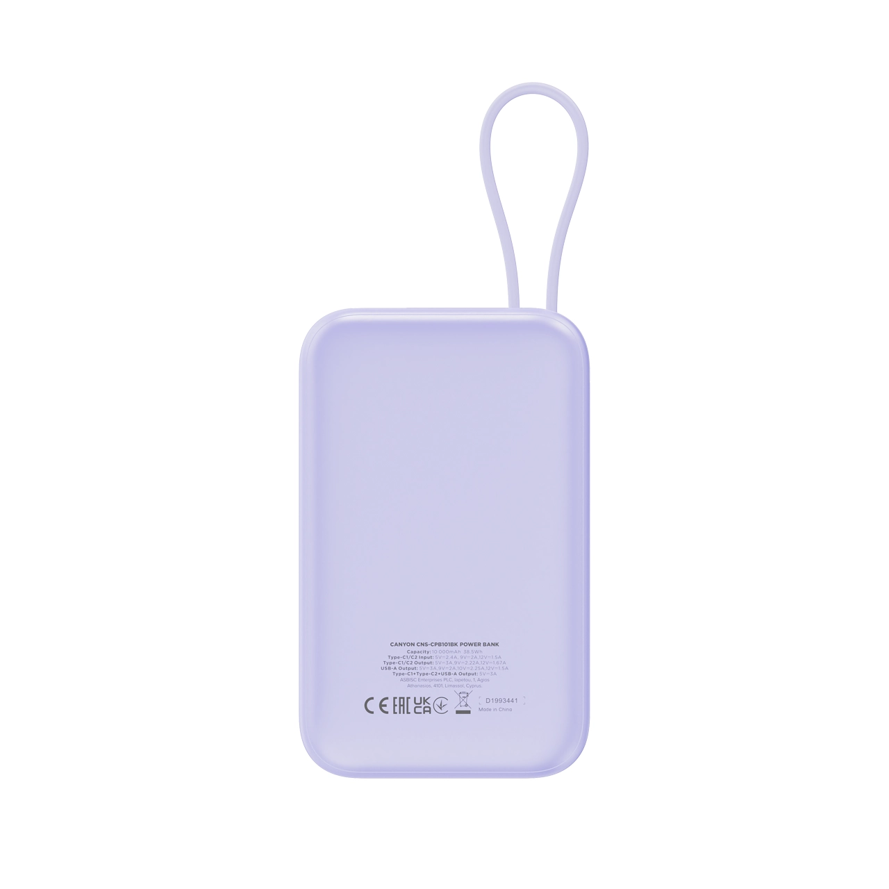 Powerbank Canyon OnPower 101 z kablem USB-C 10000mAh 22,5W Fioletowy