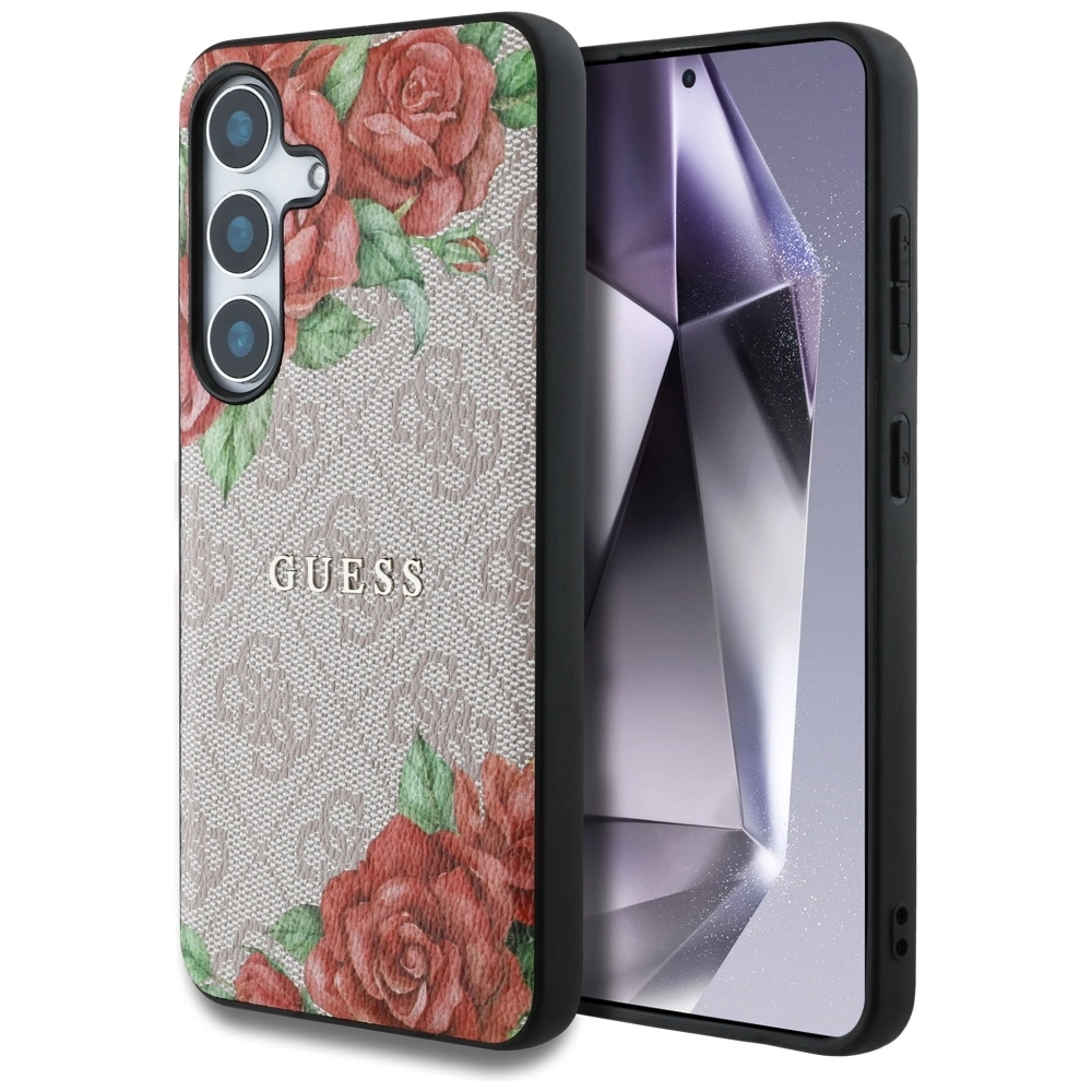 Etui Guess Leather 4G Flowers Print Metal Classic Logo MagSafe Galaxy S25 Różowy