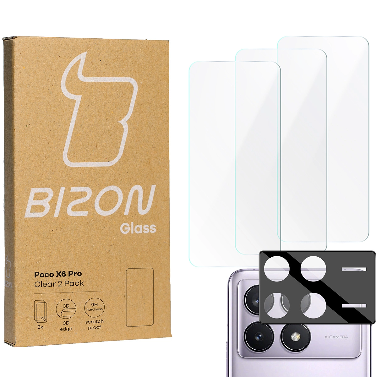 Zestaw ochronny Bizon 3x szkło + szybka na aparat Clear 2 Pack do Poco X6 Pro