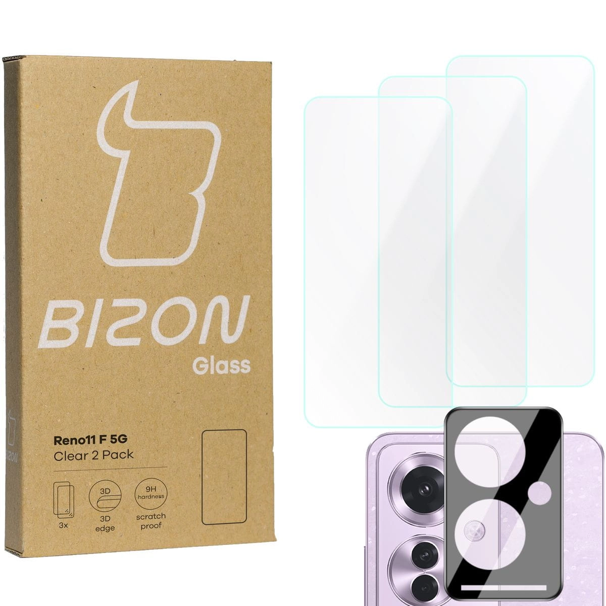 Zestaw ochronny Bizon 3x szkło + szybka na aparat Clear 2 Pack do Oppo Reno11 F 5G