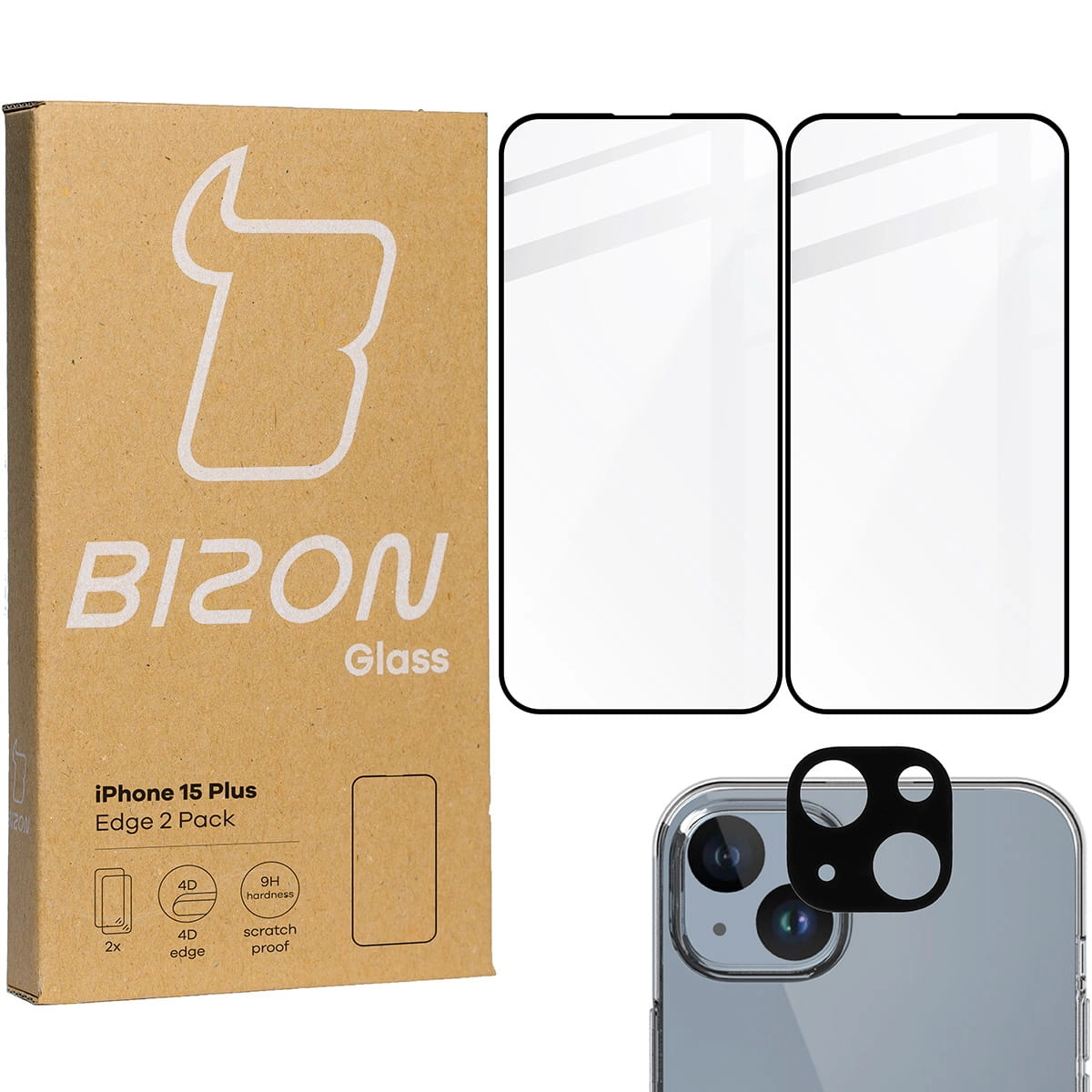 Zestaw ochronny Bizon 2x szkło + szybka na aparat Edge 2 Pack do iPhone 15 Plus