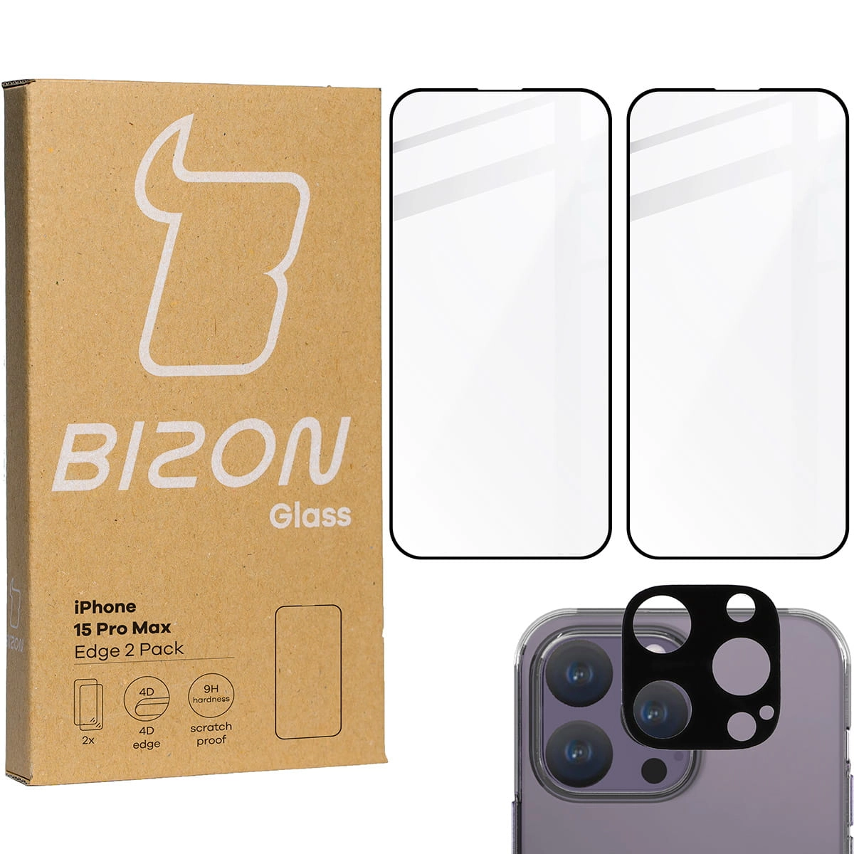 Zestaw ochronny Bizon 2x szkło + szybka na aparat Edge 2 Pack do iPhone 15 Pro Max