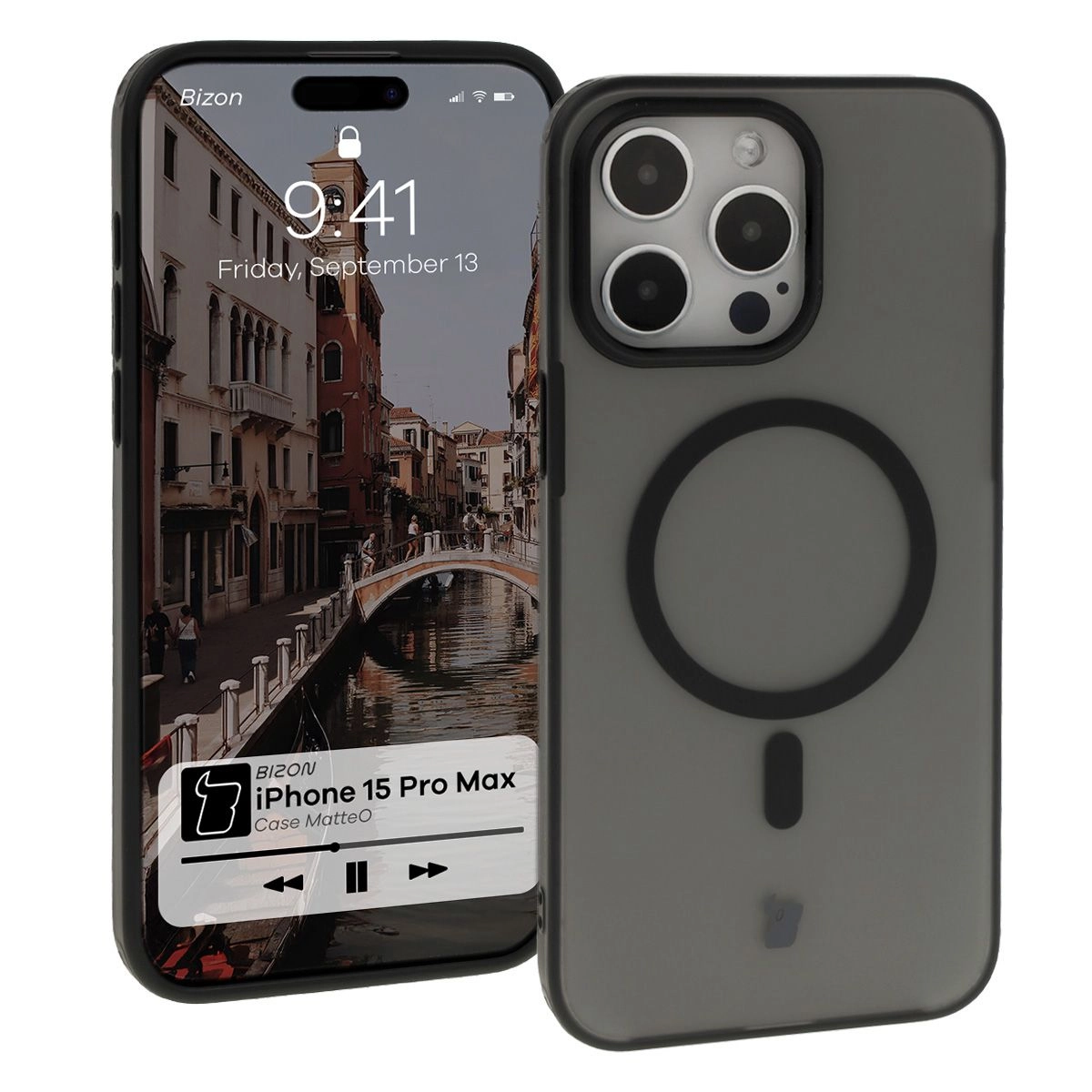 Etui Bizon MatteO z MagSafe do iPhone 15 Pro Max Półprzezroczyste z czarną ramką