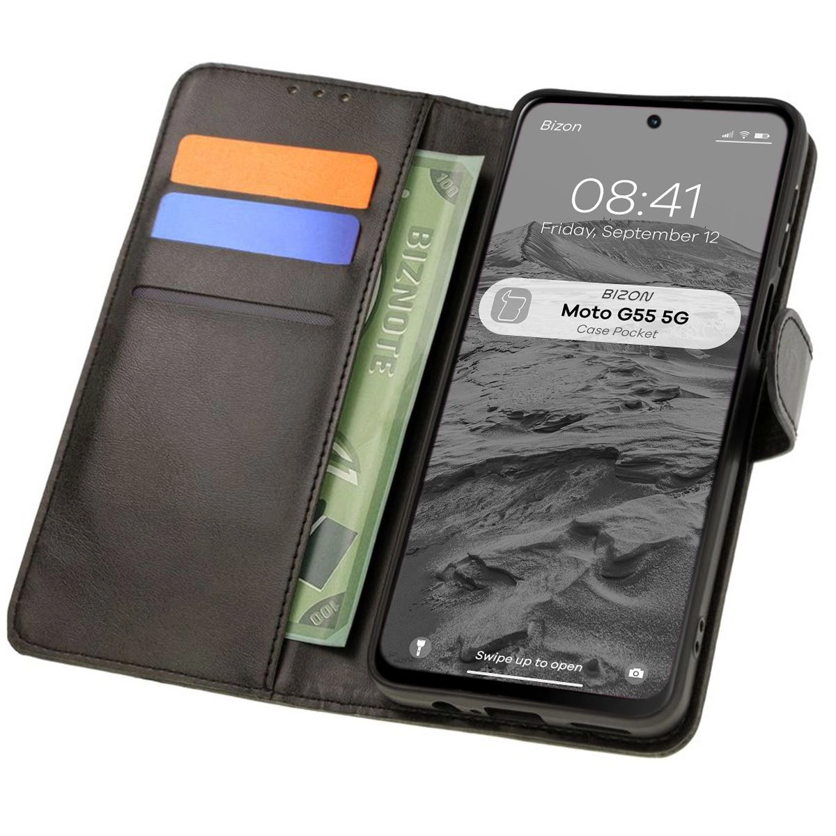 Etui Bizon z klapką Pocket do Motorola Moto G55 5G Czarny