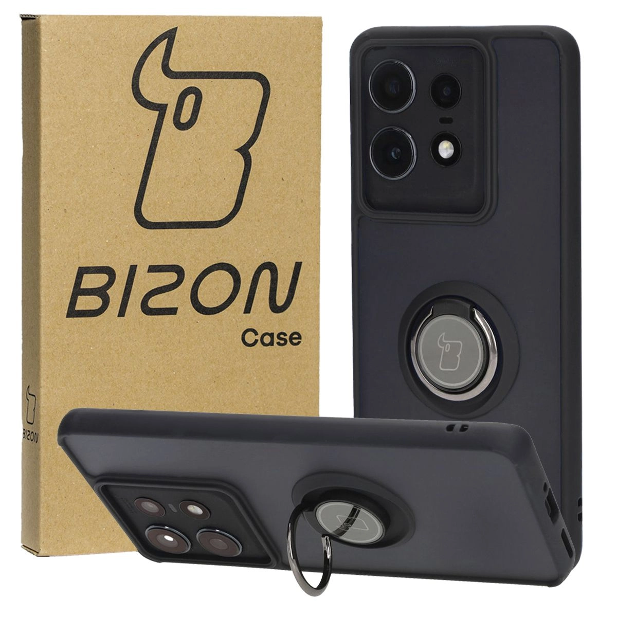 Etui Bizon z uchwytem na palec Hybrid Ring do Motorola Edge 50 Pro Przydymione z czarną ramką